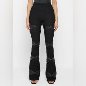 NWT Maniere De Voir Shirred Mesh Overlay Flared Leggings - Black Size US 4